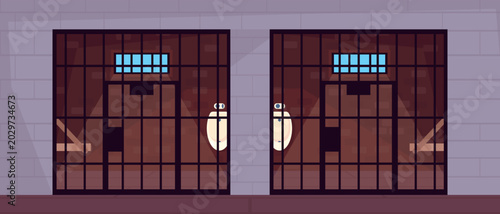 Vector illustration of gloomy prison interior. Cartoon scene of a police station with prison cells for holding prisoners, bars, doors, wall-mounted urinals, small windows, brick walls, floor.