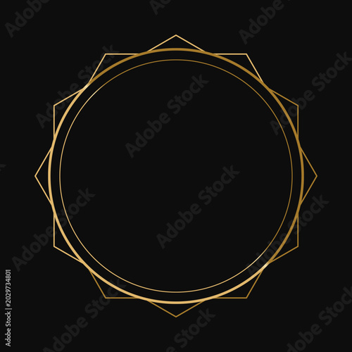 Billede på lærred Minimalist luxury gold geometric frame with circular center and pointed star border on black background