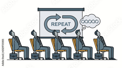 Photography Bored Business People Enduring Repetitive Meeting Presentation in Office with Repeat Screen in Bright Studio