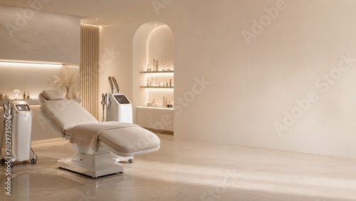 Luxury aesthetic beauty clinic interior with treatment bed and elegant copy space, medical spa, cosmetic dermatology, premium skincare wellness concept.