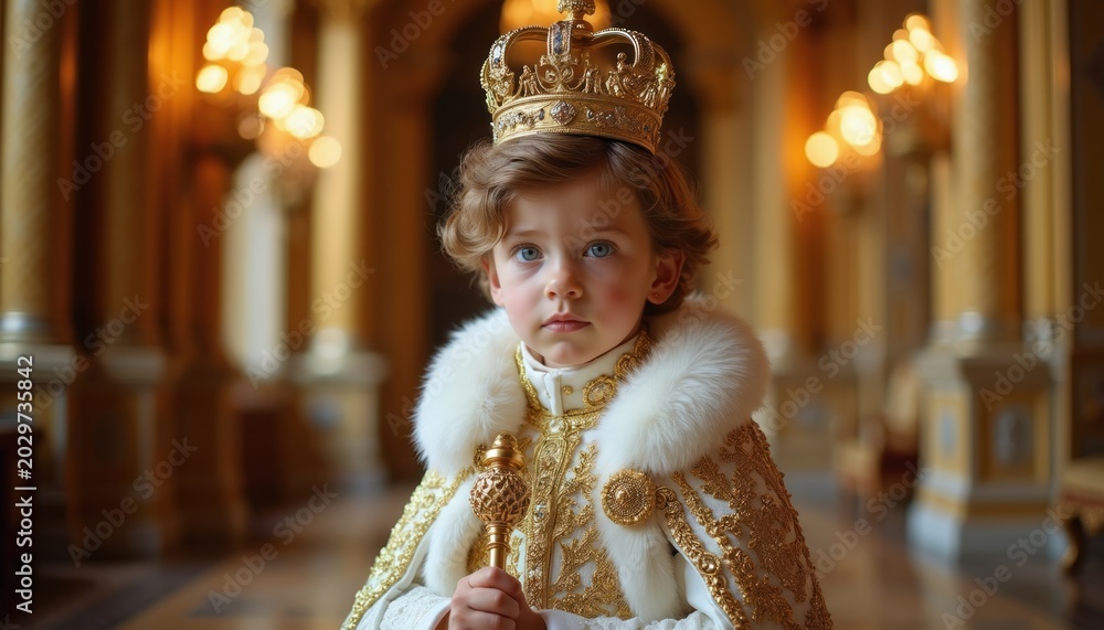 Obraz premium Young boy dressed as prince with crown and scepter stands in grand palace hall. He wears ornate regal cape with fur trim. Child holds gold rod, looks seriously ahead.