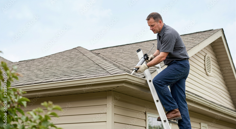 Fototapeta premium Handyman applying sealant to a roof gutter with a caulking gun. Male contractor standing on a ladder performing exterior home maintenance and weatherproofing