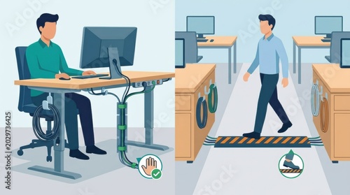 Illustration shows a workplace with a person using a computer and another walking on a safe path, highlighting electrical safety practices.