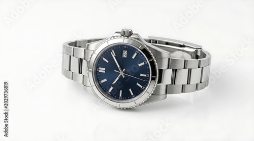 High-end brushed steel wristwatch with an oyster-style link band and deep navy dial face for product display.