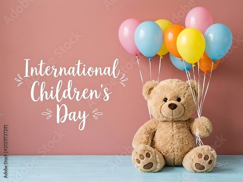 Festive greeting card design showcasing a fluffy teddy bear with multicolored balloons celebrating International Children's Day.