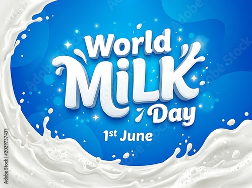 Cheerful June 1st World Milk Day announcement banner framed by realistic pouring milk waves on bright blue.