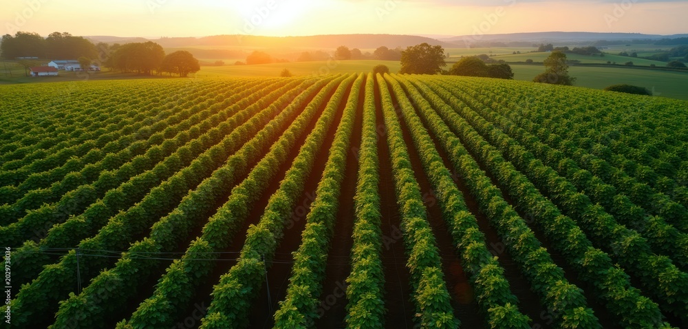 Fototapeta premium Aerial view over rows of green hop plants at sunset. Farmland stretches to horizon with warm light. Rural landscape shows agricultural cultivation for beer production.