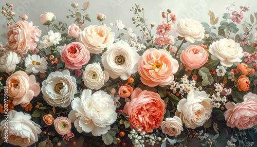 Elegant Floral Backdrop with Romantic Spring Flowers in Peach Ivory and Dusty Rose Pastels.