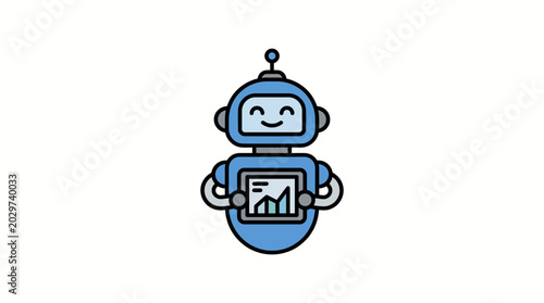 Happy Blue Robot Character Holding Tablet with Bar Chart, Showing Data Analytics, Isolated White Background