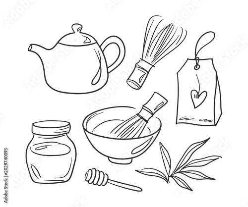 Konstfotografi Collection of hand drawn sketch elements for matcha tea ceremony and healthy lif