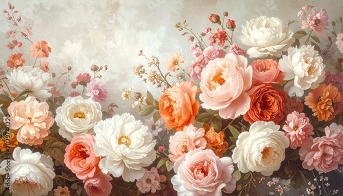 Intricate Floral Tapestry with Blooming Roses Peonies and Hydrangeas Floral Bouquet.