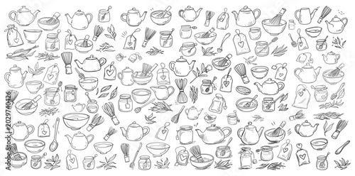 Seamless Pattern with Hand Drawn Tea Accessories Teapots and Matcha Tools