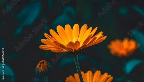Bright Orange Calendula Flower Blooming in Soft Moody Dreamlike Light.