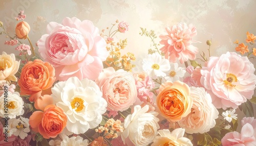 Intricate Floral Tapestry with Blooming Roses Peonies and Hydrangeas in Soft Pastels.