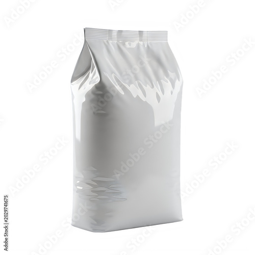 Empty white paper bag standing upright on surface