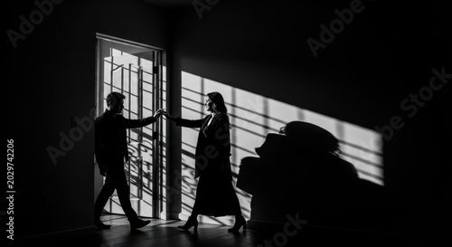 Romantic Couple Silhouette Dancing Near Lighted Doorway