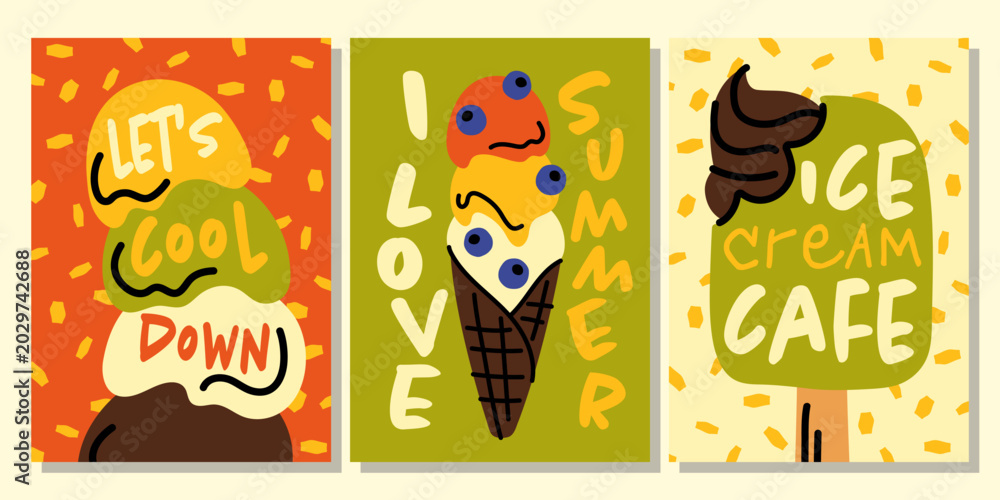 Fototapeta premium Vibrant set of three ice cream themed posters with catchy phrases like Let's Cool Down and I Love Summer