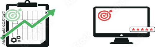 Business growth concept design featuring a clipboard with rising arrow chart and computer monitor with target goal and five star rating review vector illustration.