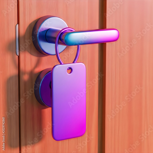 Pixelated hotel door handle with key tag