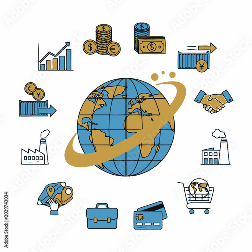 Business and finance icons around globe.