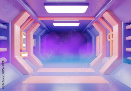 Futuristic purple spaceship interior with pink walls and lights