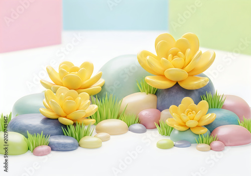 Three yellow flowers on rocks with green grass