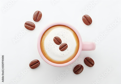 Pink coffee cup with coffee beans
