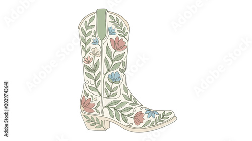 Hand drawn floral cowboy boot illustration in boho style isolated on white background.