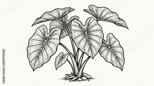Vintage botanical illustration of a taro elephant ear plant with large heart shaped leaves.
