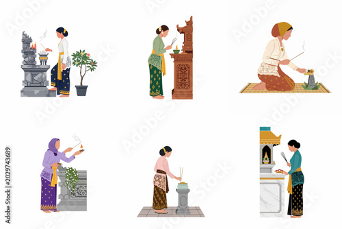 Photos Set of Illustrations of Balinese Women Performing Religious Rituals and Offering