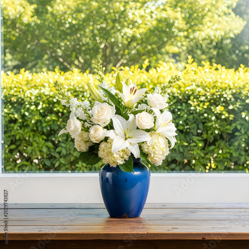 Elegant white flowers in a blue vase by a bright window with greenery outside.