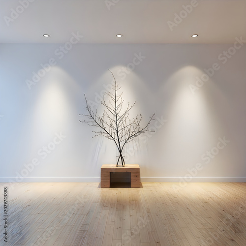 Minimalist indoor display featuring a bare tree branch with lights casting shadows on a wall