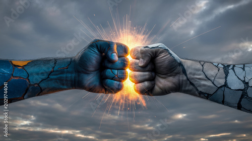 Clashing fists representing the concept of opposition conflict and power struggle with bright light energy against a stormy sky