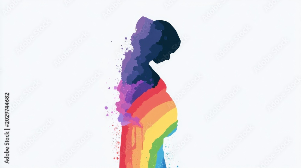 Fototapeta premium A silhouette of a pregnant figure with a rainbow from its belly symbolizes pregnancy after loss in warm colors against a bright background.