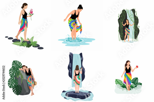 Photos Flat vector illustration set of women wearing swimsuits and sarongs while exploring tropical nature, waterfalls, and lush exotic landscapes during a summer vacation