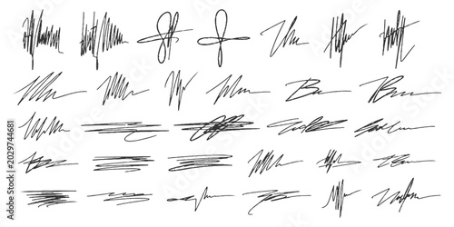 Obraz na płótnie Collection of abstract handwritten signatures messy scribbles and dynamic line strokes text elements vector illustration