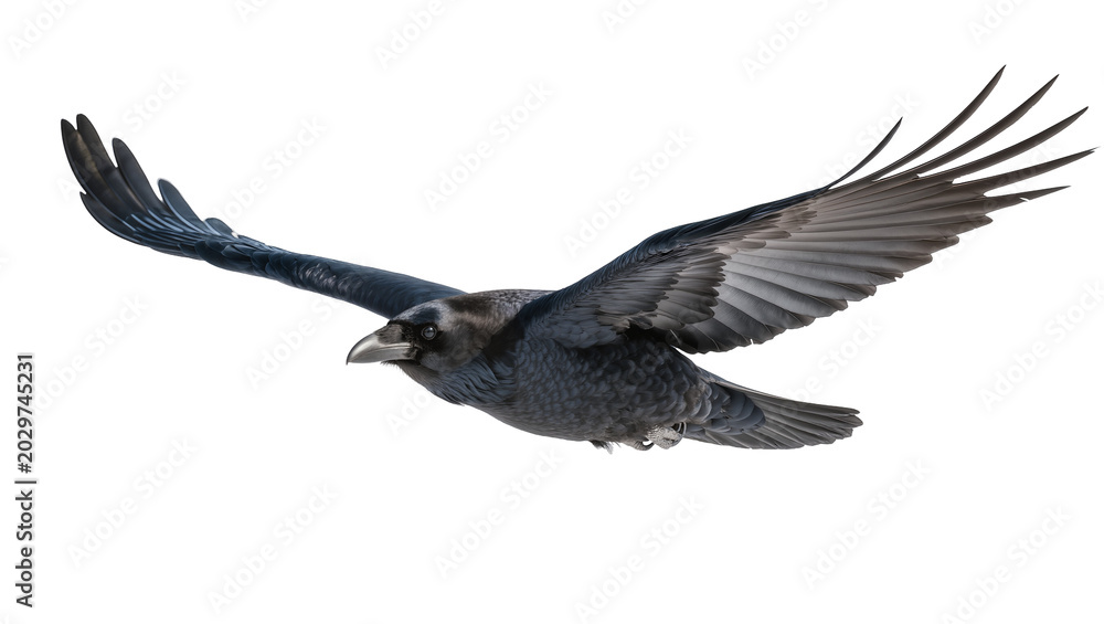 Obraz premium Dark black crow bird with spread wings flying, isolated on transparent background