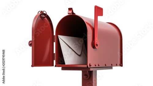 Fotografía Red metal mailbox with open door and envelope inside, isolated on transparent ba