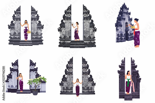 Foto Collection of flat vector illustrations featuring Balinese women in traditional attire standing by iconic Candi Bentar temple gates in various cultural activities