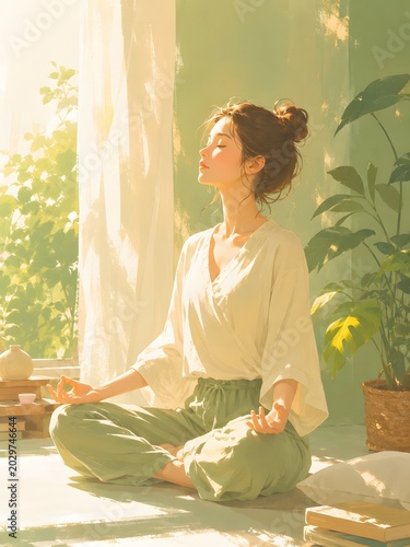 A woman is meditating mindfully in the sunlight by the window.