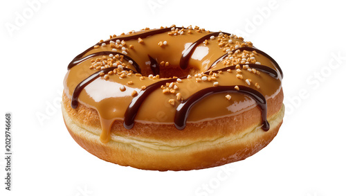 Caramel iced donut with chocolate drizzle and crunchy sprinkles, isolated on transparent background