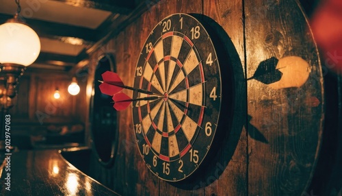 Dartboard with three darts stuck on wooden wall in dimly lit bar