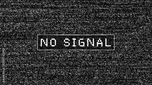 No Signal text on retro TV static background with analog glitch effect