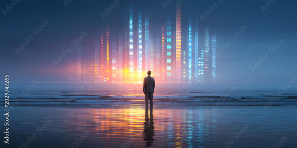 Fototapeta premium Executive Businessman Standing Between Competitive Red Ocean Markets And Innovative Blue Ocean Strategies