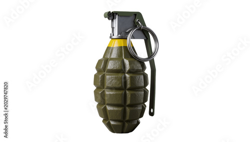 Tableau sur toile Olive green fragmentation hand grenade with yellow band, isolated on transparent