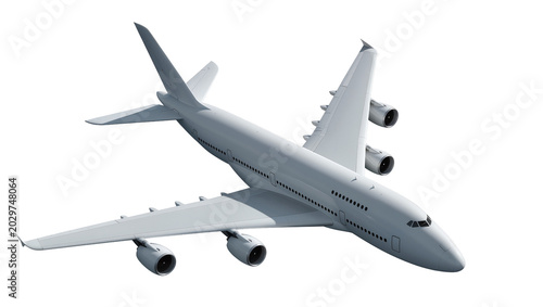 Modern white passenger jet airplane with four engines, isolated on transparent background