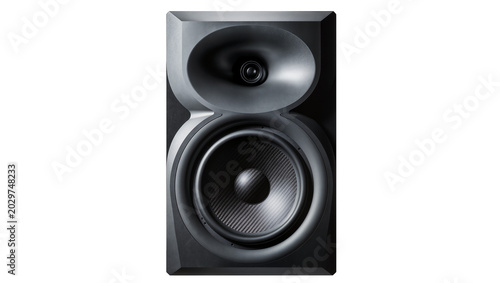 Modern black studio monitor speaker with ribbed woofer, isolated on transparent background