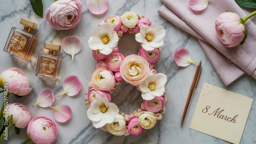 Flower number eight arrangement made of pink ranunculus blossoms with perfume bottles and a card on marble surface