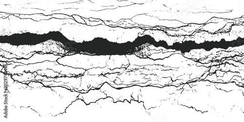 Fotografie Abstract landscape vector illustration featuring cracked earth texture and rough geological rock layers in black and white