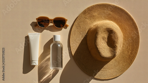 Summer Beach Accessories with Hat Sunglasses Sunscreen and Bottle